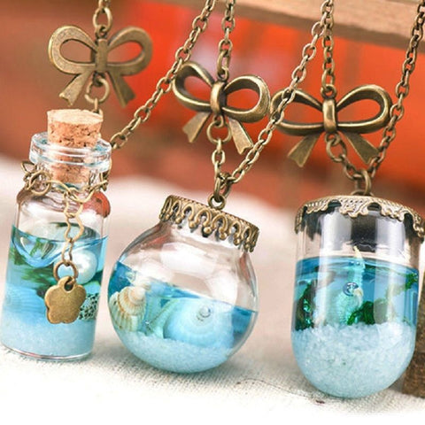 Vintage Mermaid Tears Shells Star Vial Necklace Shellhard Blue Sea Ocean Glass Wish Bottle Necklaces & Pendants Unisex Jewelry