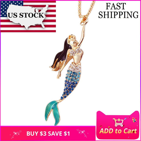 USA STOCK Uloveido Purple Blue Red Mermaid Necklace Women Pendant Long Necklaces Crystal Jewelry Gifts Dropshipping YS841 10%